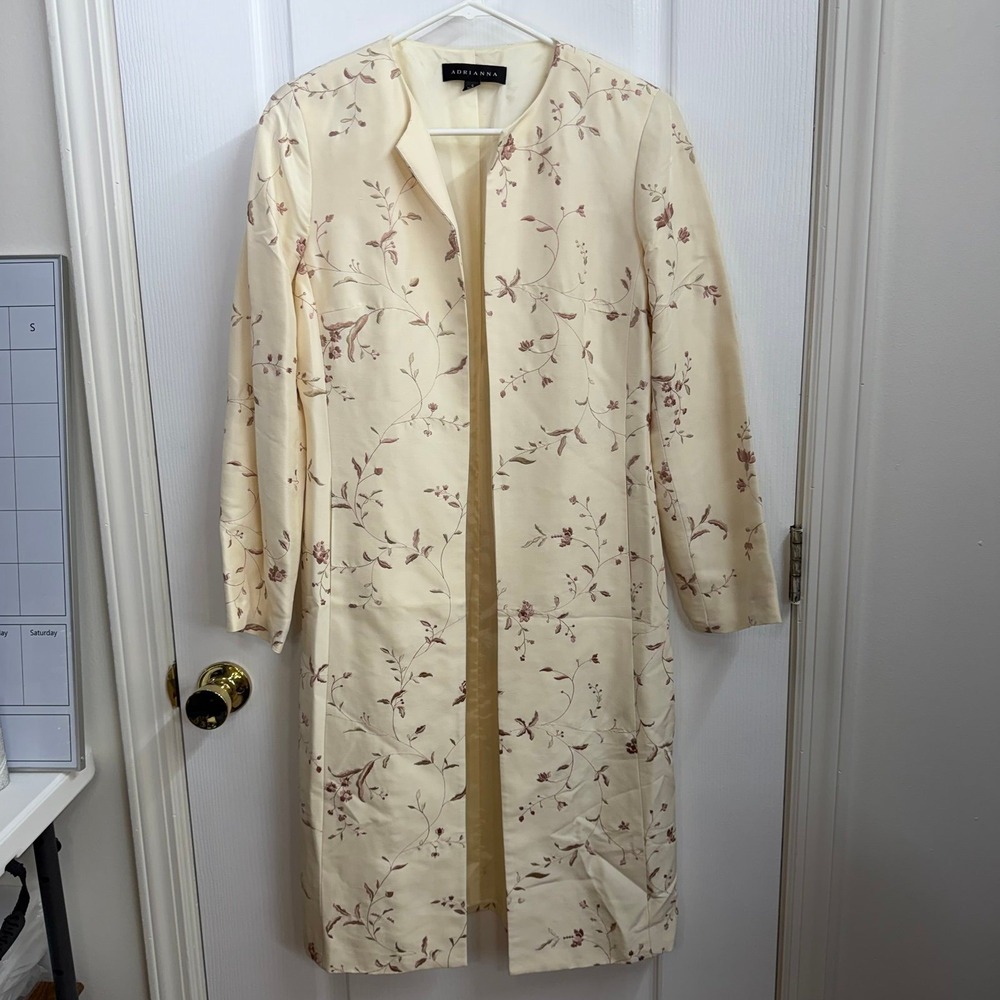 Vintage Adrianna cream 100% silk longline evening duster coat floral embroidered
